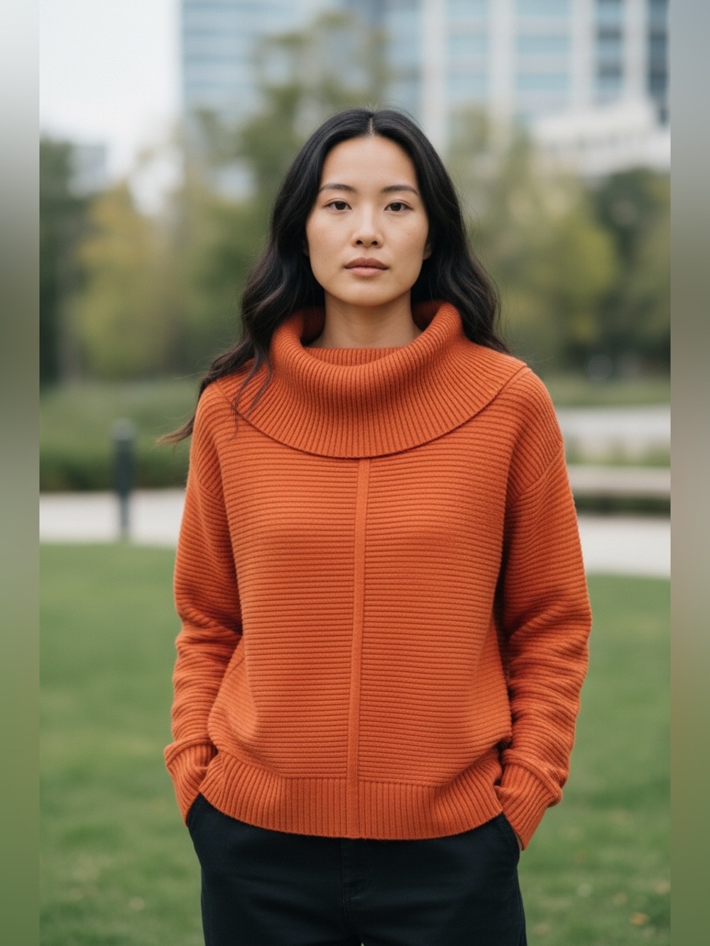 Cyrus 1X Burnt Orange Ribbed Cowl Neck Tunic Sweater